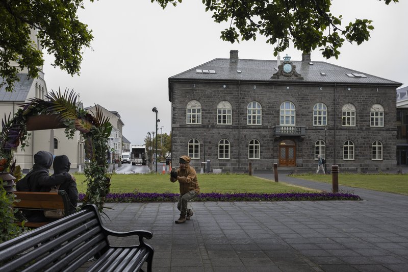 Fólk stillir sér upp fyrir mynd á Austurvelli