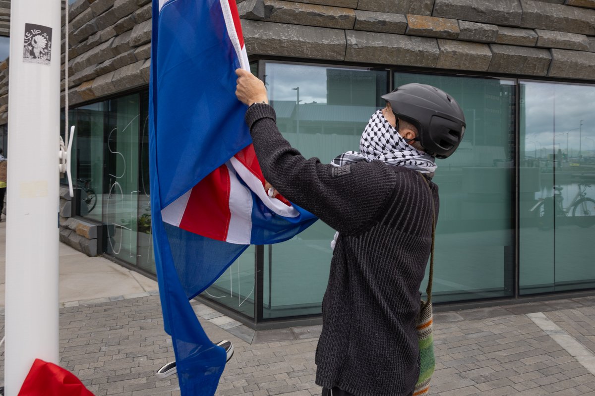 Mótmælandi dregur íslenska fánann niður af fánastöng utanríkisráðuneytisins